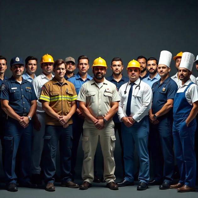Group of professional men wearing different uniforms — police, firefighters, doctors, engineers, and workers — representing Uniform Egypt.